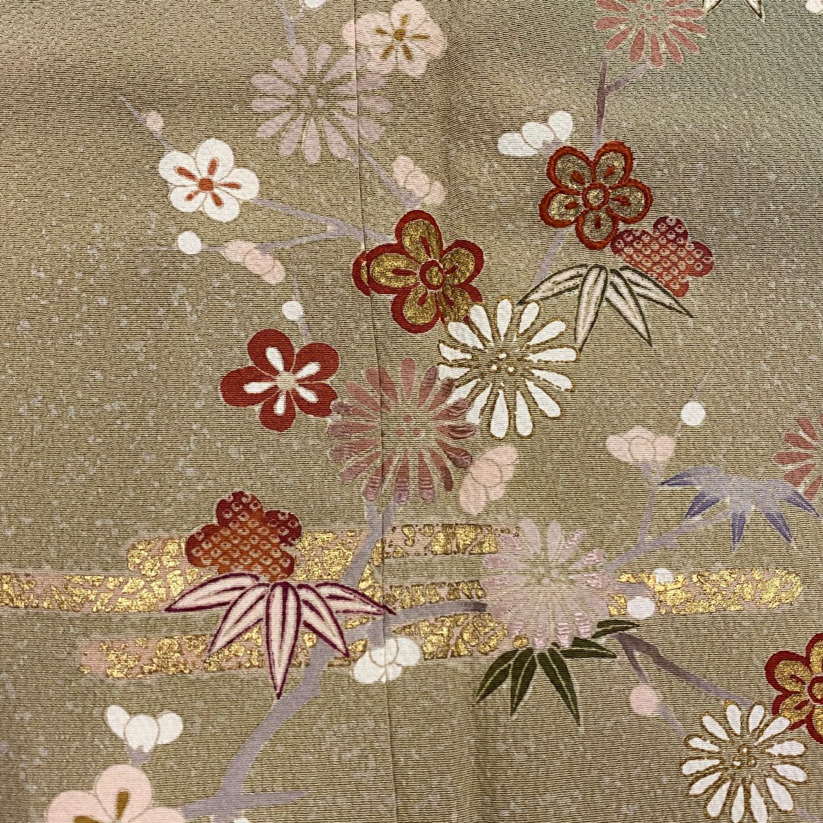 【庫存清倉】訪問服 身長167cm 袖長64.5cm M 雙層 枝梅花 ヱ霞 金銀彩 灰綠 純蠶絲 優品級