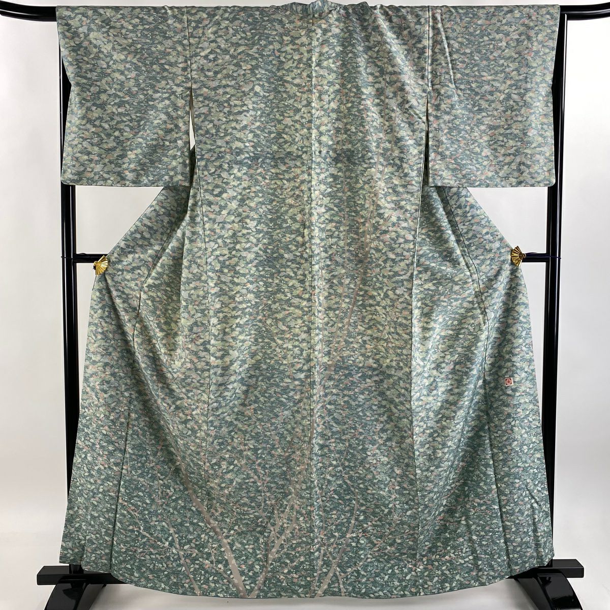 【庫存清倉】訪問服 身長162.5cm 袖長67.5cm L 雙層 牛首紬織織 地 落款あり 證書あり 樹木 松樹葉 薄綠 純蠶絲 逸品級