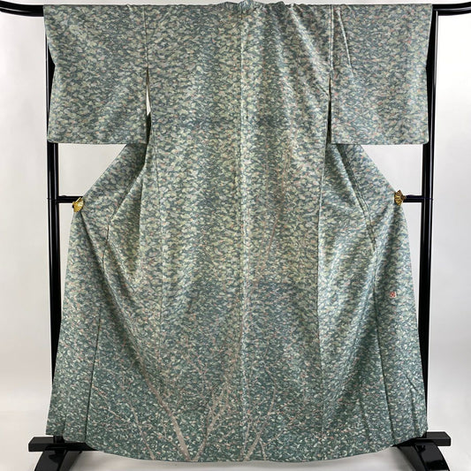 【庫存清倉】訪問服 身長162.5cm 袖長67.5cm L 雙層 牛首紬織織 地 落款あり 證書あり 樹木 松樹葉 薄綠 純蠶絲 逸品級
