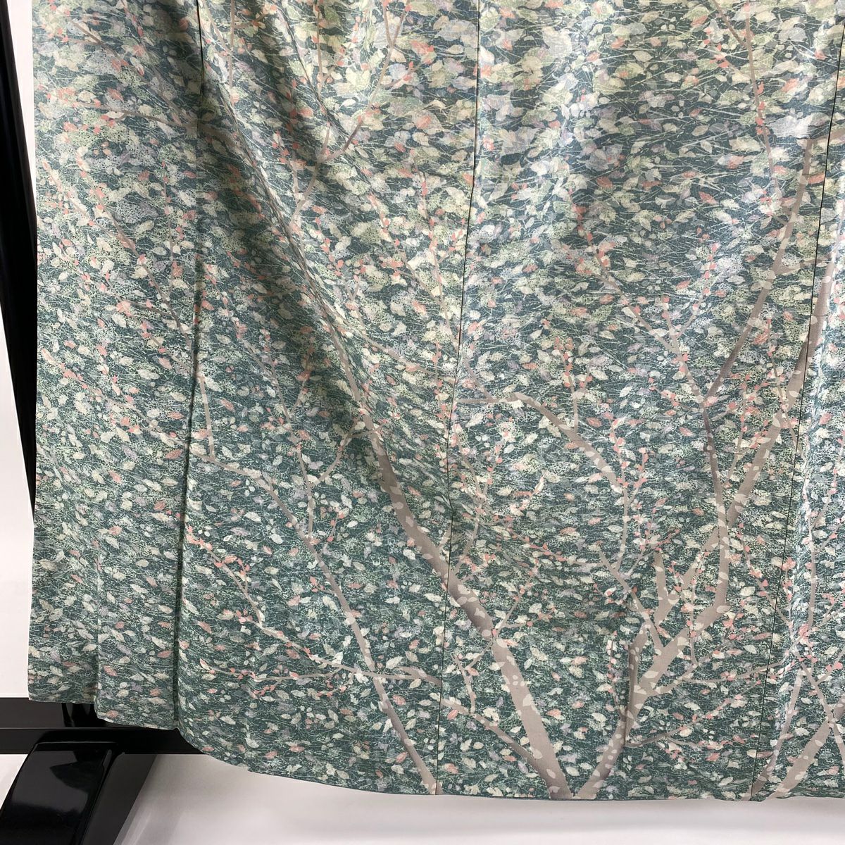 【庫存清倉】訪問服 身長162.5cm 袖長67.5cm L 雙層 牛首紬織織 地 落款あり 證書あり 樹木 松樹葉 薄綠 純蠶絲 逸品級