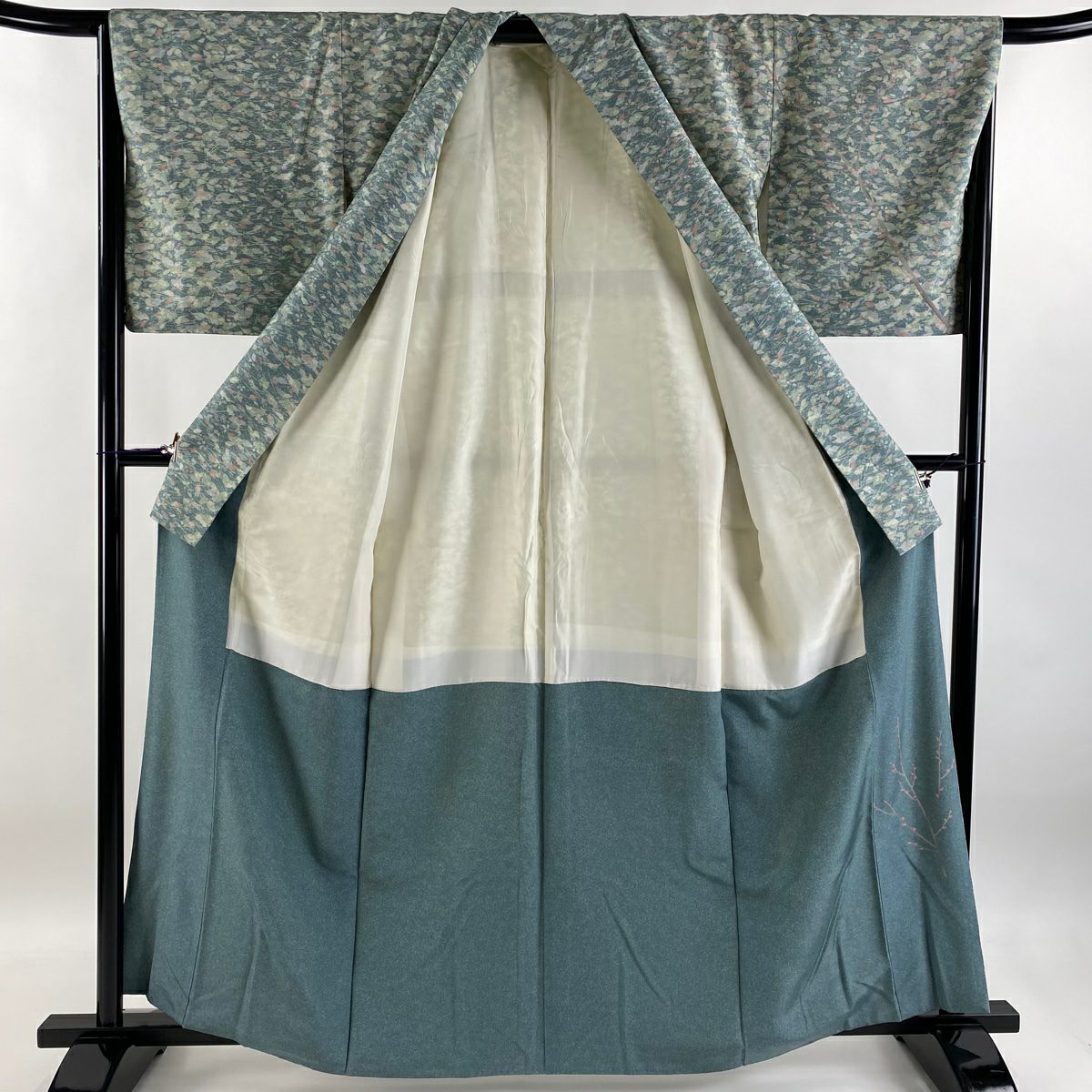 【庫存清倉】訪問服 身長162.5cm 袖長67.5cm L 雙層 牛首紬織織 地 落款あり 證書あり 樹木 松樹葉 薄綠 純蠶絲 逸品級