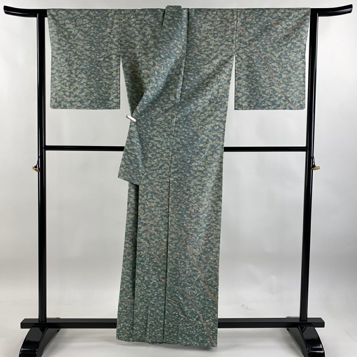 【庫存清倉】訪問服 身長162.5cm 袖長67.5cm L 雙層 牛首紬織織 地 落款あり 證書あり 樹木 松樹葉 薄綠 純蠶絲 逸品級