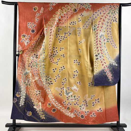 【庫存清倉】振袖禮服 身長154.5cm 袖長62cm S 雙層 辻花染 蝶 金絲 金銀彩 鮭粉色 純蠶絲 逸品級