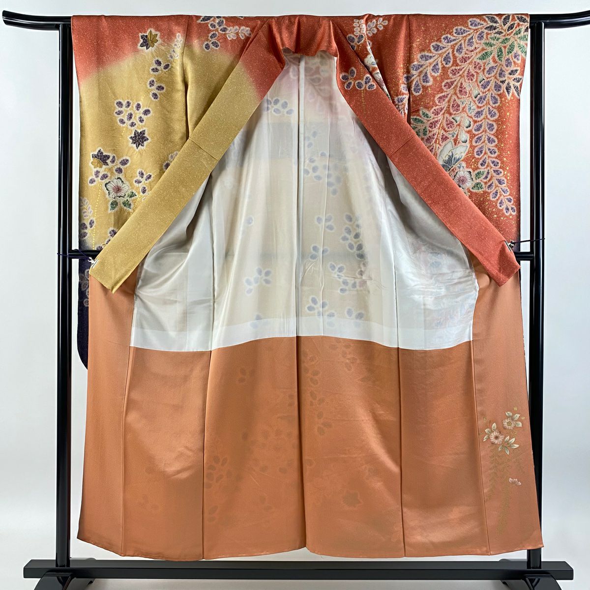 【庫存清倉】振袖禮服 身長154.5cm 袖長62cm S 雙層 辻花染 蝶 金絲 金銀彩 鮭粉色 純蠶絲 逸品級