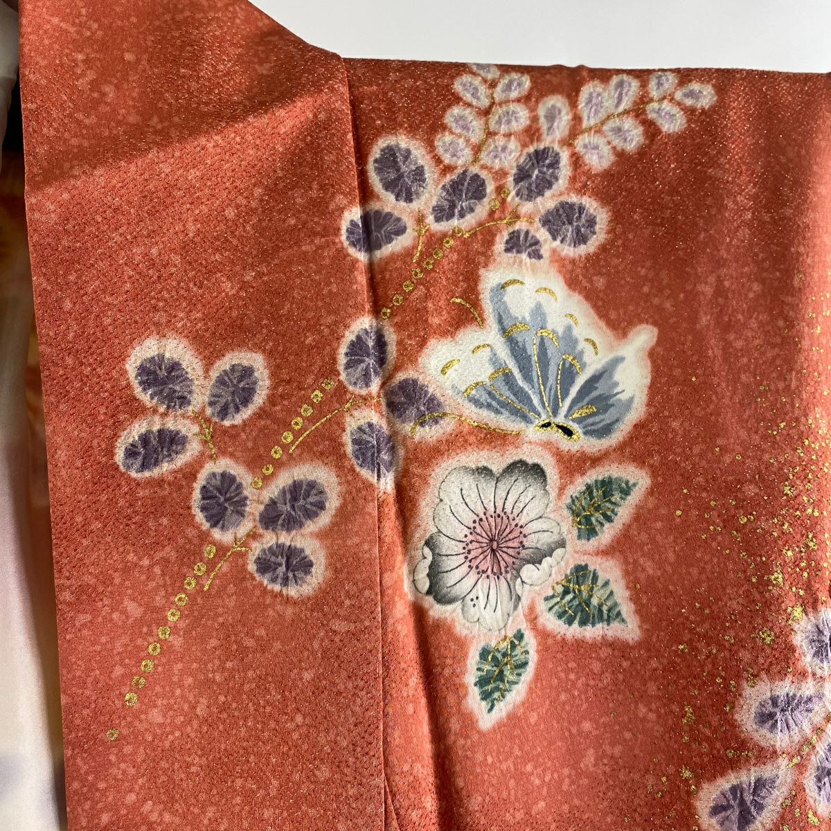【庫存清倉】振袖禮服 身長154.5cm 袖長62cm S 雙層 辻花染 蝶 金絲 金銀彩 鮭粉色 純蠶絲 逸品級