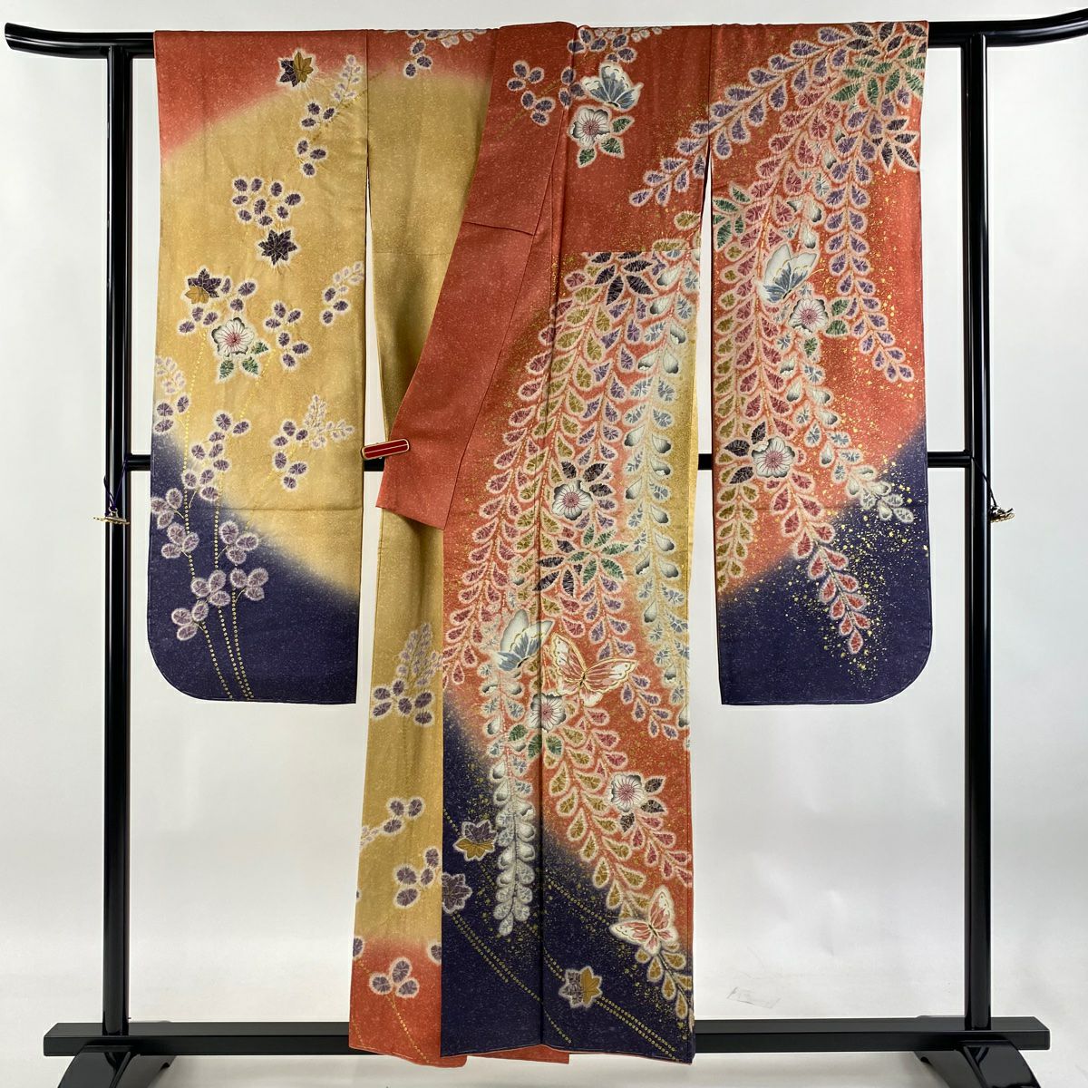 【庫存清倉】振袖禮服 身長154.5cm 袖長62cm S 雙層 辻花染 蝶 金絲 金銀彩 鮭粉色 純蠶絲 逸品級