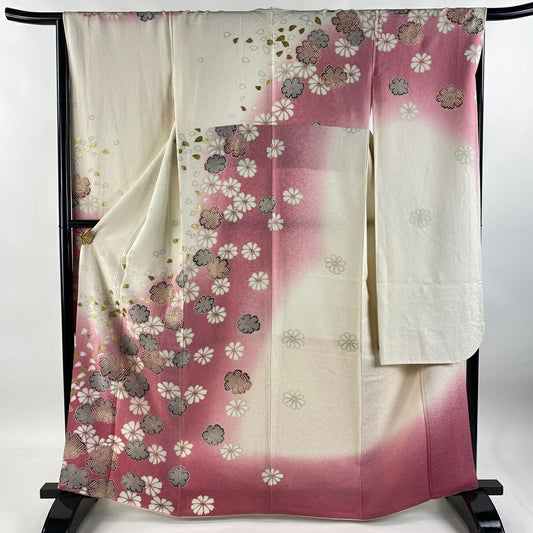 【庫存清倉】振袖禮服 身長164cm 袖長65cm M 雙層 花瓣 銀通 金銀彩 粉紅 純蠶絲 美品 逸品級