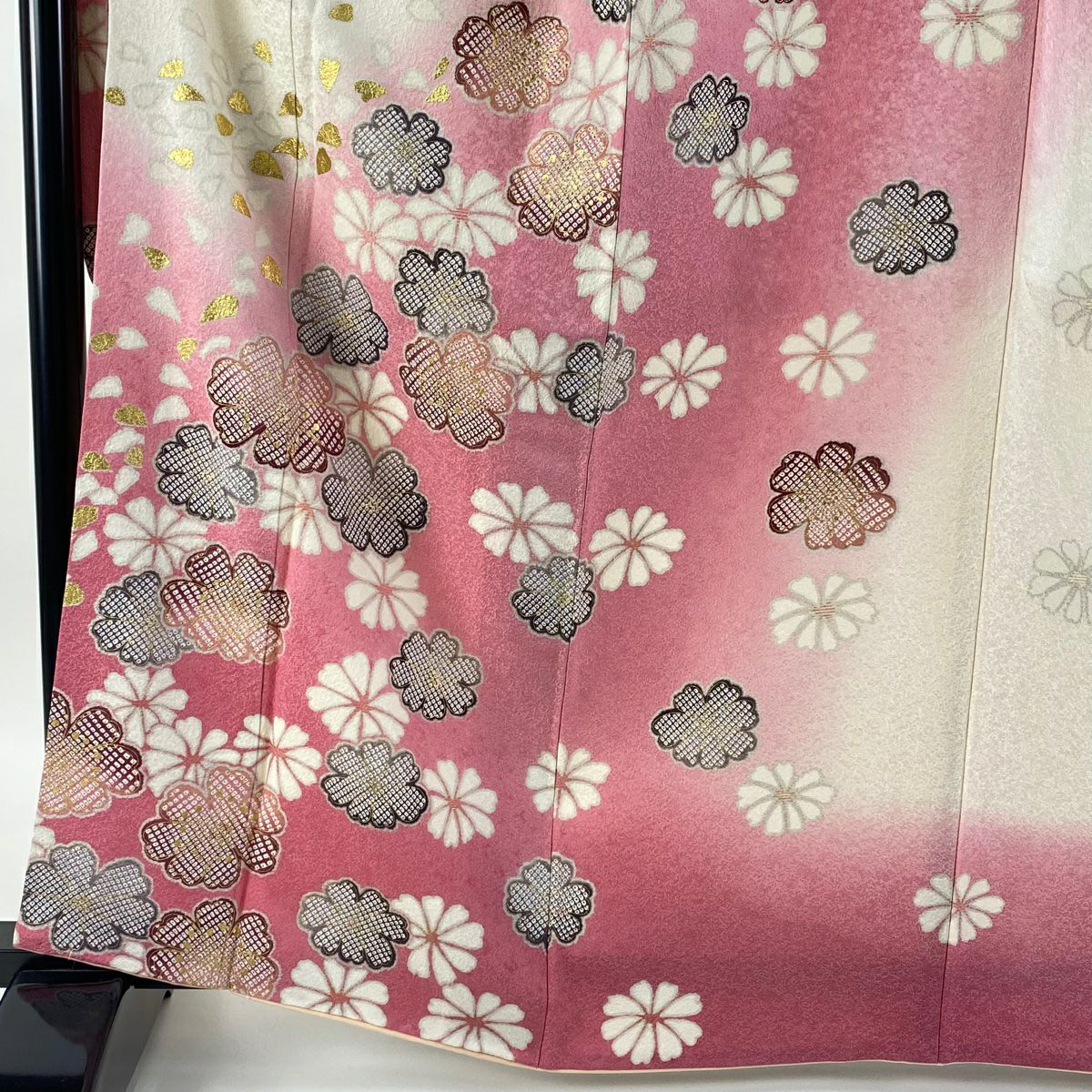【庫存清倉】振袖禮服 身長164cm 袖長65cm M 雙層 花瓣 銀通 金銀彩 粉紅 純蠶絲 美品 逸品級