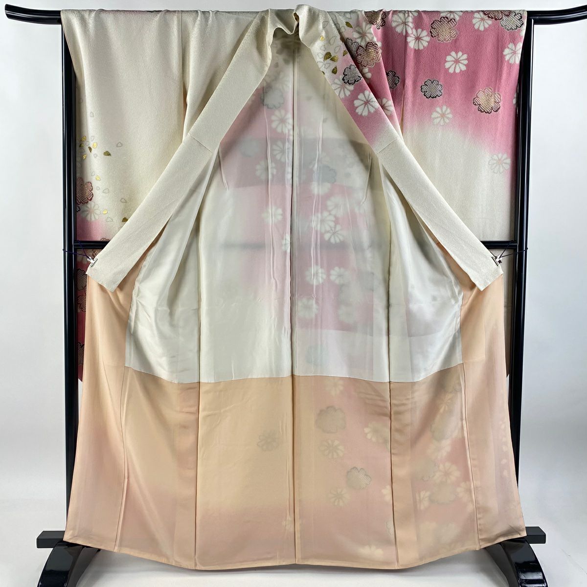 【庫存清倉】振袖禮服 身長164cm 袖長65cm M 雙層 花瓣 銀通 金銀彩 粉紅 純蠶絲 美品 逸品級
