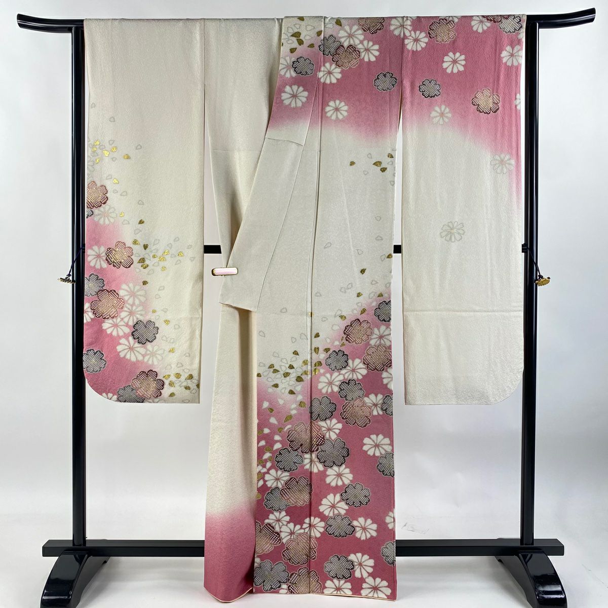 【庫存清倉】振袖禮服 身長164cm 袖長65cm M 雙層 花瓣 銀通 金銀彩 粉紅 純蠶絲 美品 逸品級