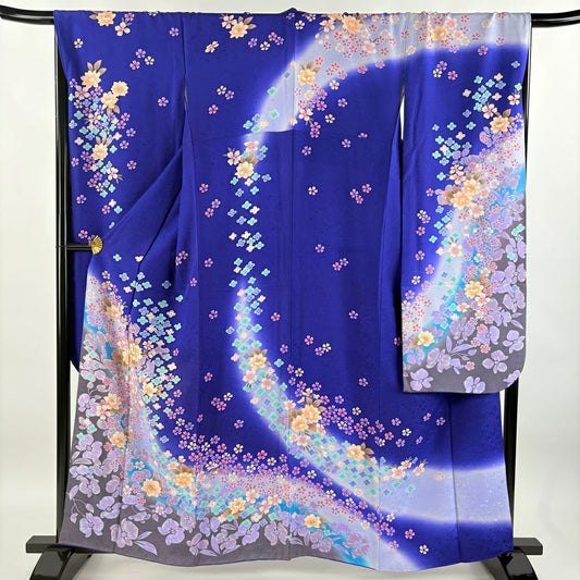 【庫存清倉】振袖禮服 身長159.5cm 袖長68.5cm L 雙層 寶石領 草花紋紋 櫻花 金通し 金金箔 藍色 純蠶絲 逸品級