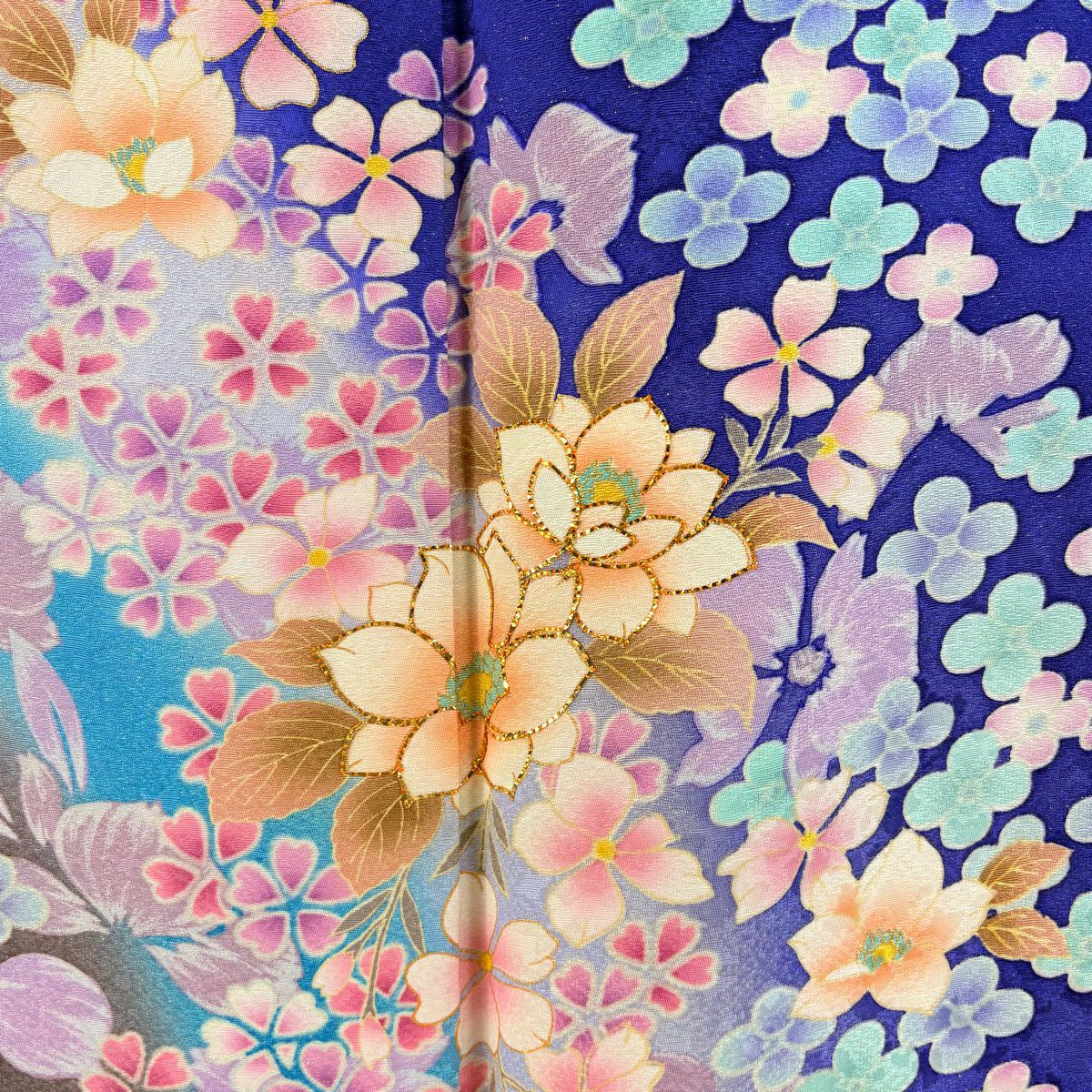 【庫存清倉】振袖禮服 身長159.5cm 袖長68.5cm L 雙層 寶石領 草花紋紋 櫻花 金通し 金金箔 藍色 純蠶絲 逸品級