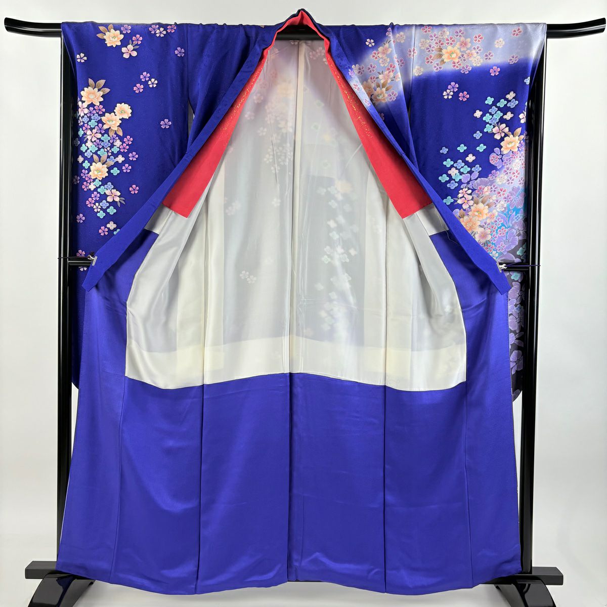 【庫存清倉】振袖禮服 身長159.5cm 袖長68.5cm L 雙層 寶石領 草花紋紋 櫻花 金通し 金金箔 藍色 純蠶絲 逸品級