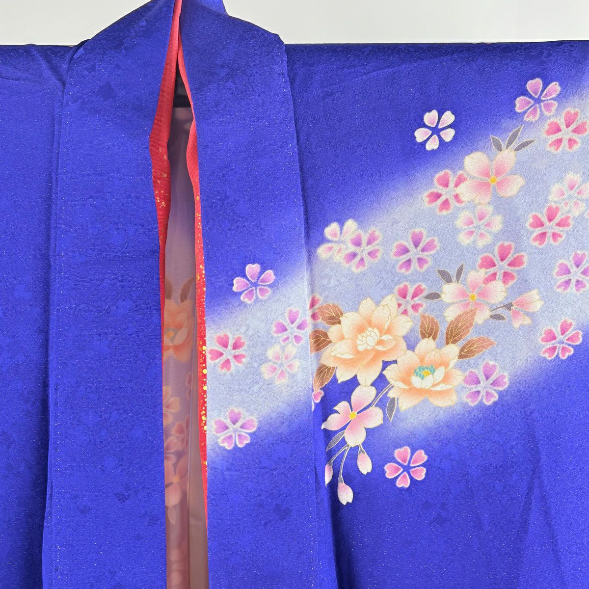 【庫存清倉】振袖禮服 身長159.5cm 袖長68.5cm L 雙層 寶石領 草花紋紋 櫻花 金通し 金金箔 藍色 純蠶絲 逸品級