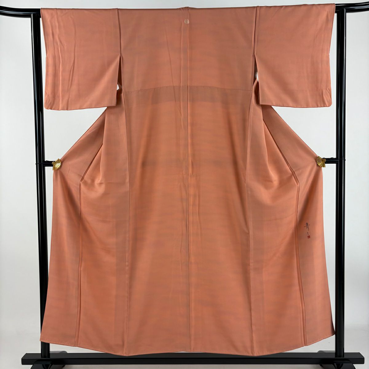 【庫存清倉】 小紋 身長152.5cm 袖長63cm S 雙層 松樹井青青 落款有 霞 漸層 鮭粉色 純蠶絲 優品級 一個紋