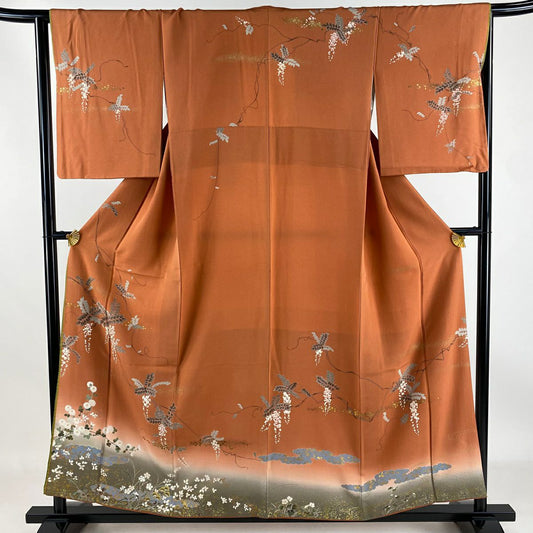 【庫存清倉】訪問服 身長156.5cm 袖長64cm M 雙層 藤 菊花 金銀彩 金絲 橙色 純蠶絲 優品級