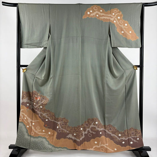 【庫存清倉】訪問服 身長160cm 袖長65cm M 雙層 草花紋紋 雲文 金糸刺繡 灰綠 純蠶絲 優品級