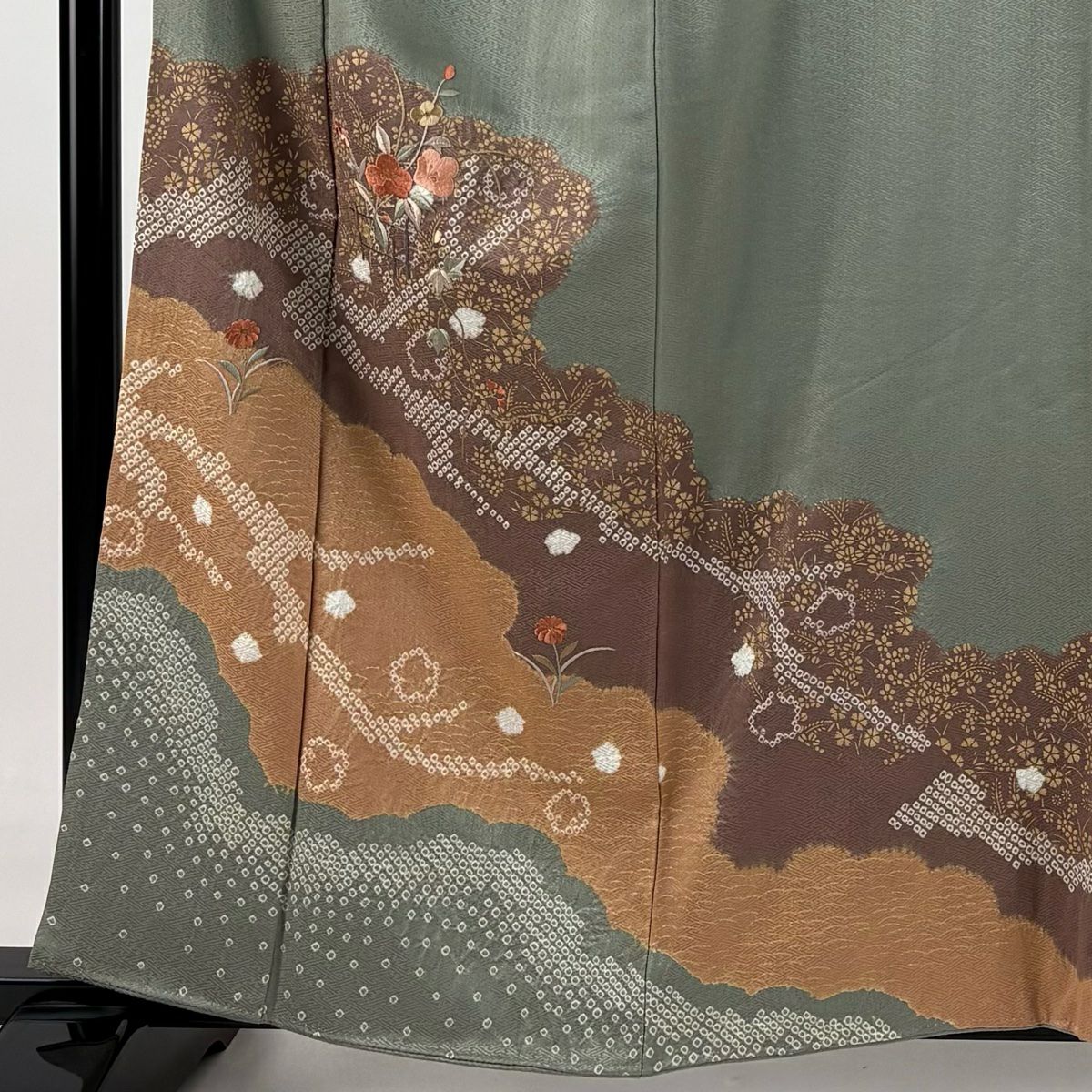 【庫存清倉】訪問服 身長160cm 袖長65cm M 雙層 草花紋紋 雲文 金糸刺繡 灰綠 純蠶絲 優品級