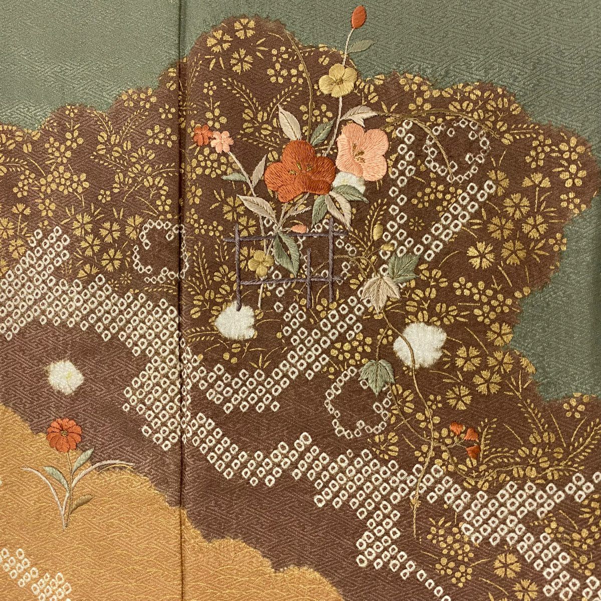 【庫存清倉】訪問服 身長160cm 袖長65cm M 雙層 草花紋紋 雲文 金糸刺繡 灰綠 純蠶絲 優品級