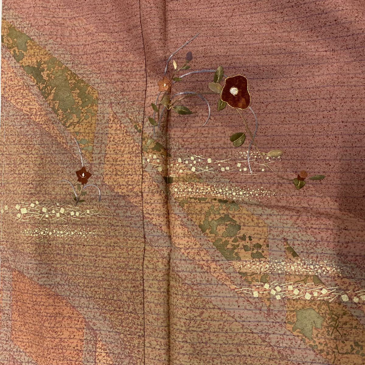 【庫存清倉】訪問服 身長160cm 袖長63.5cm S 雙層 大島紬織地 證書齊全 椿 幾何圖案 刺繡 金線 粉米色 純蠶絲 名品級