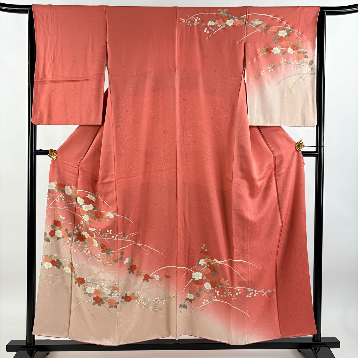 【庫存清倉】訪問服 身長155cm 袖長64.5cm M 雙層 草花紋紋 芝 金彩裝飾 漸層 粉米色 純蠶絲 優品級