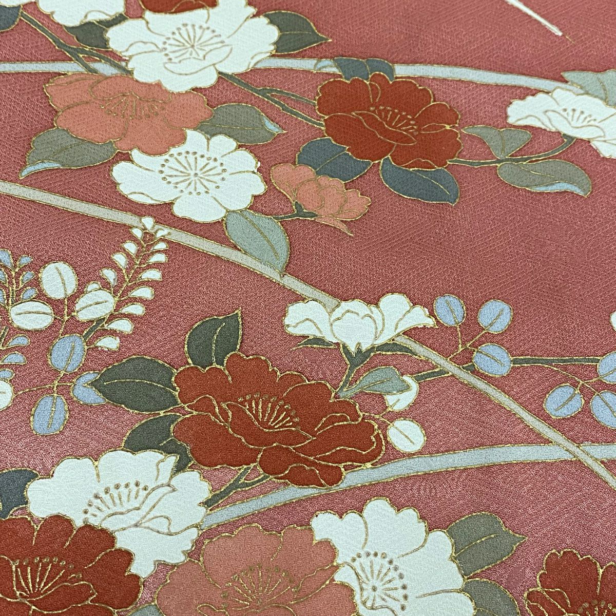【庫存清倉】訪問服 身長155cm 袖長64.5cm M 雙層 草花紋紋 芝 金彩裝飾 漸層 粉米色 純蠶絲 優品級