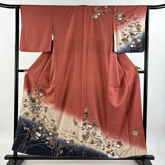 【庫存清倉】訪問服 身長156cm 袖長62.5cm S 雙層 草花紋紋 色紙 金銀彩 漸層 淺小豆 純蠶絲 優品級