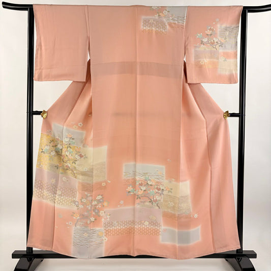 【庫存清倉】訪問服 身長156.5cm 袖長63cm S 雙層 草花紋紋 波 金絲 金銀彩 粉紅 純蠶絲 優品級