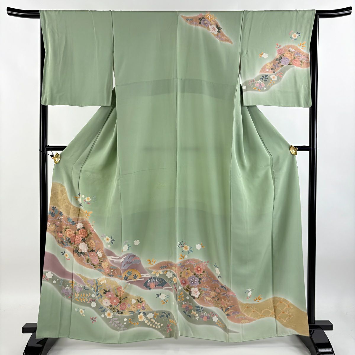 【庫存清倉】訪問服 身長163cm 袖長64.5cm M 雙層 牡丹 霞刺繡 金線 淺綠 純蠶絲 優品級