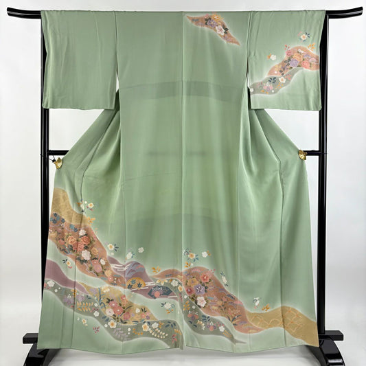 【庫存清倉】訪問服 身長163cm 袖長64.5cm M 雙層 牡丹 霞刺繡 金線 淺綠 純蠶絲 優品級