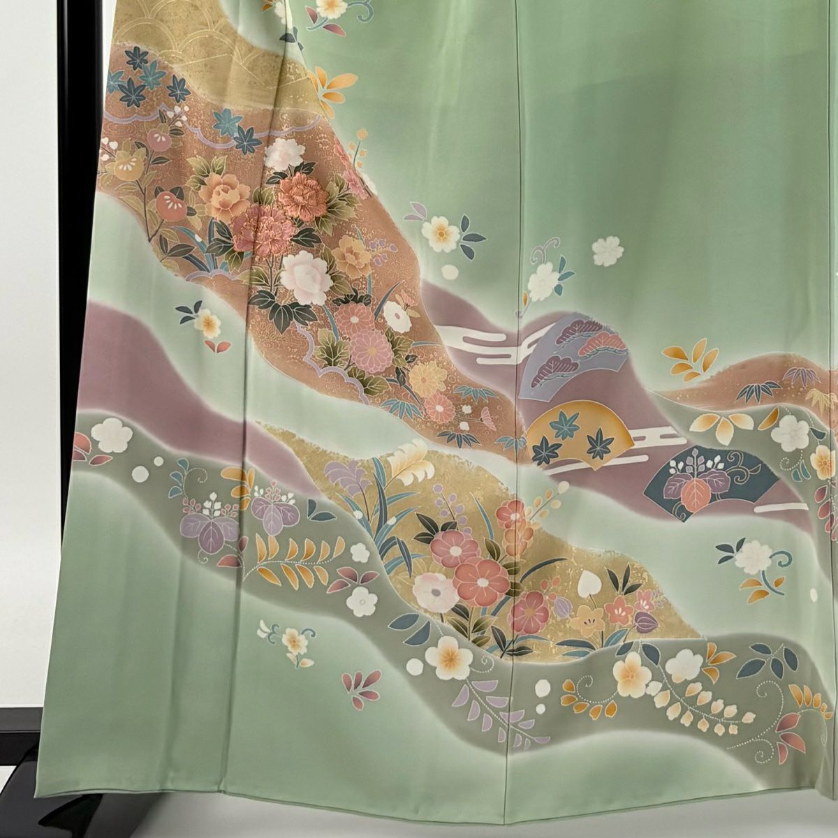 【庫存清倉】訪問服 身長163cm 袖長64.5cm M 雙層 牡丹 霞刺繡 金線 淺綠 純蠶絲 優品級