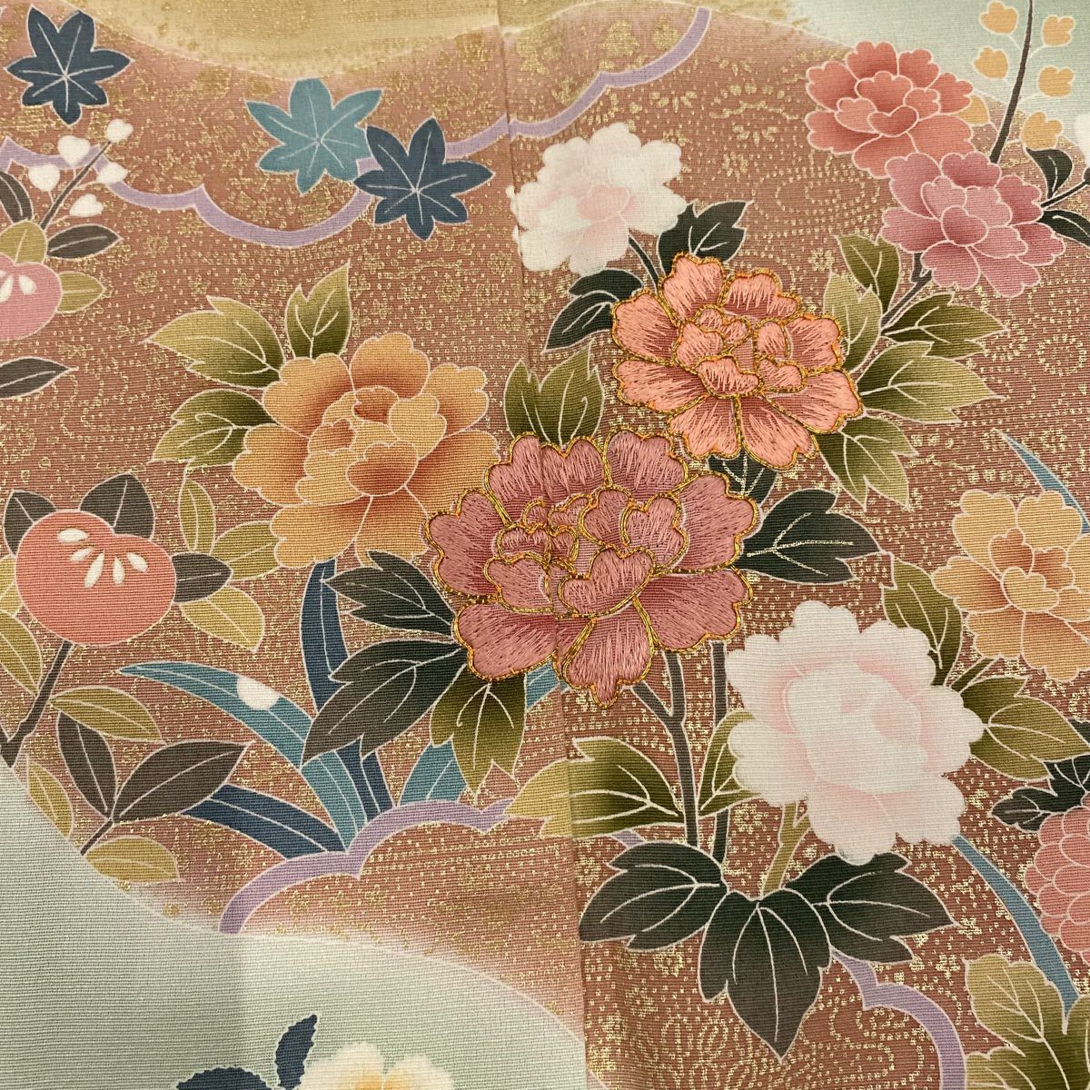 【庫存清倉】訪問服 身長163cm 袖長64.5cm M 雙層 牡丹 霞刺繡 金線 淺綠 純蠶絲 優品級