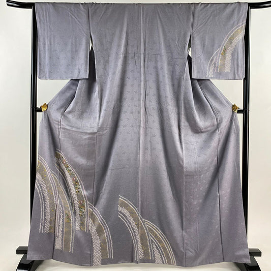 【庫存清倉】 付下 身長166cm 袖長65.5cm M 雙層 花唐草紋 波 金銀彩 刺繡 灰紫 純蠶絲 優品級