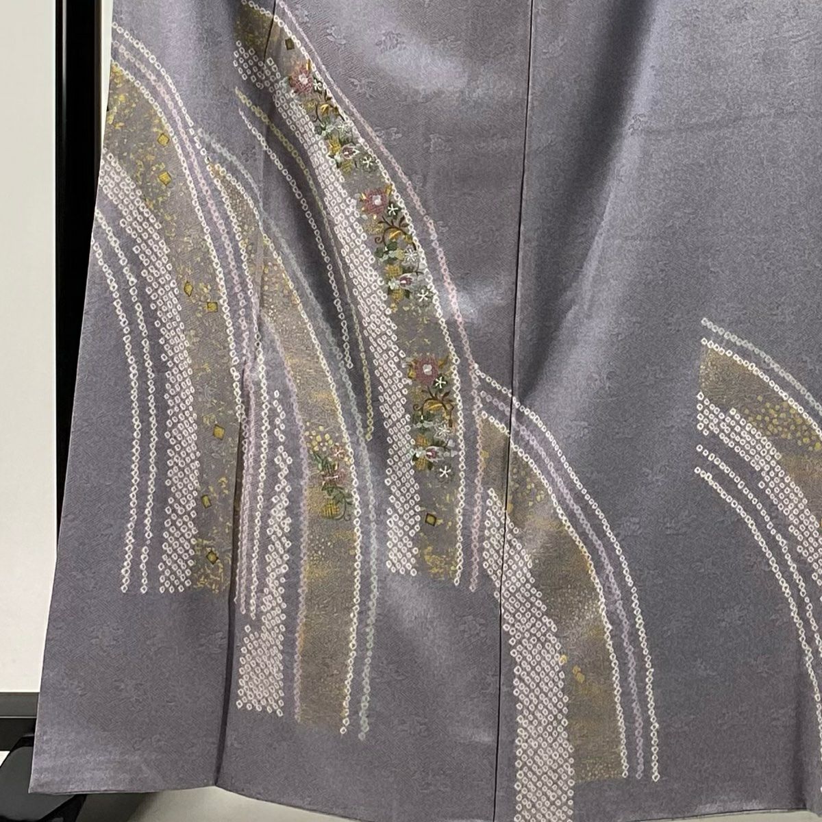 【庫存清倉】 付下 身長166cm 袖長65.5cm M 雙層 花唐草紋 波 金銀彩 刺繡 灰紫 純蠶絲 優品級