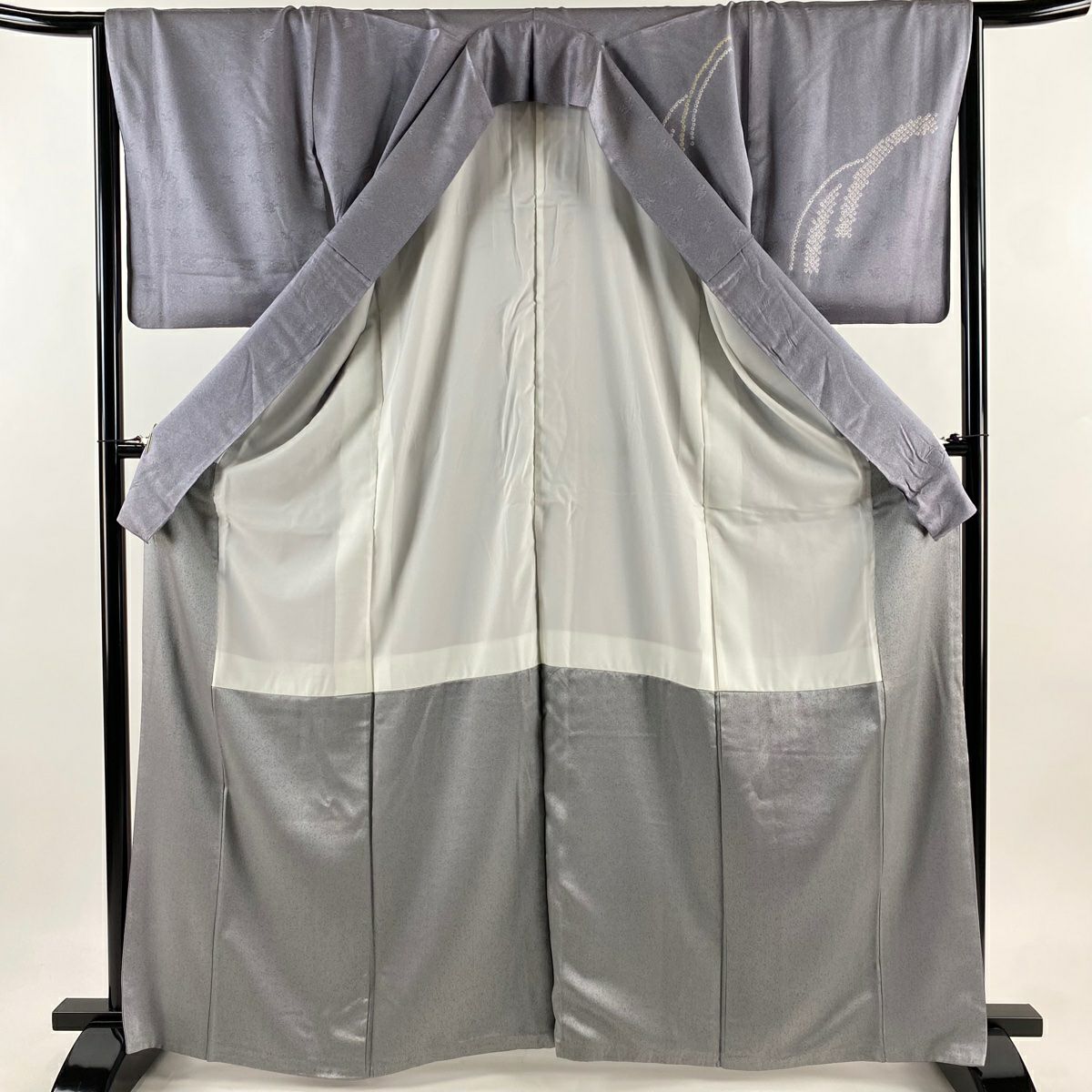【庫存清倉】 付下 身長166cm 袖長65.5cm M 雙層 花唐草紋 波 金銀彩 刺繡 灰紫 純蠶絲 優品級