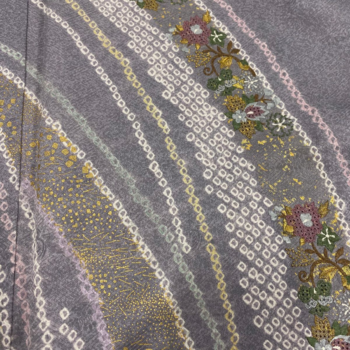 【庫存清倉】 付下 身長166cm 袖長65.5cm M 雙層 花唐草紋 波 金銀彩 刺繡 灰紫 純蠶絲 優品級
