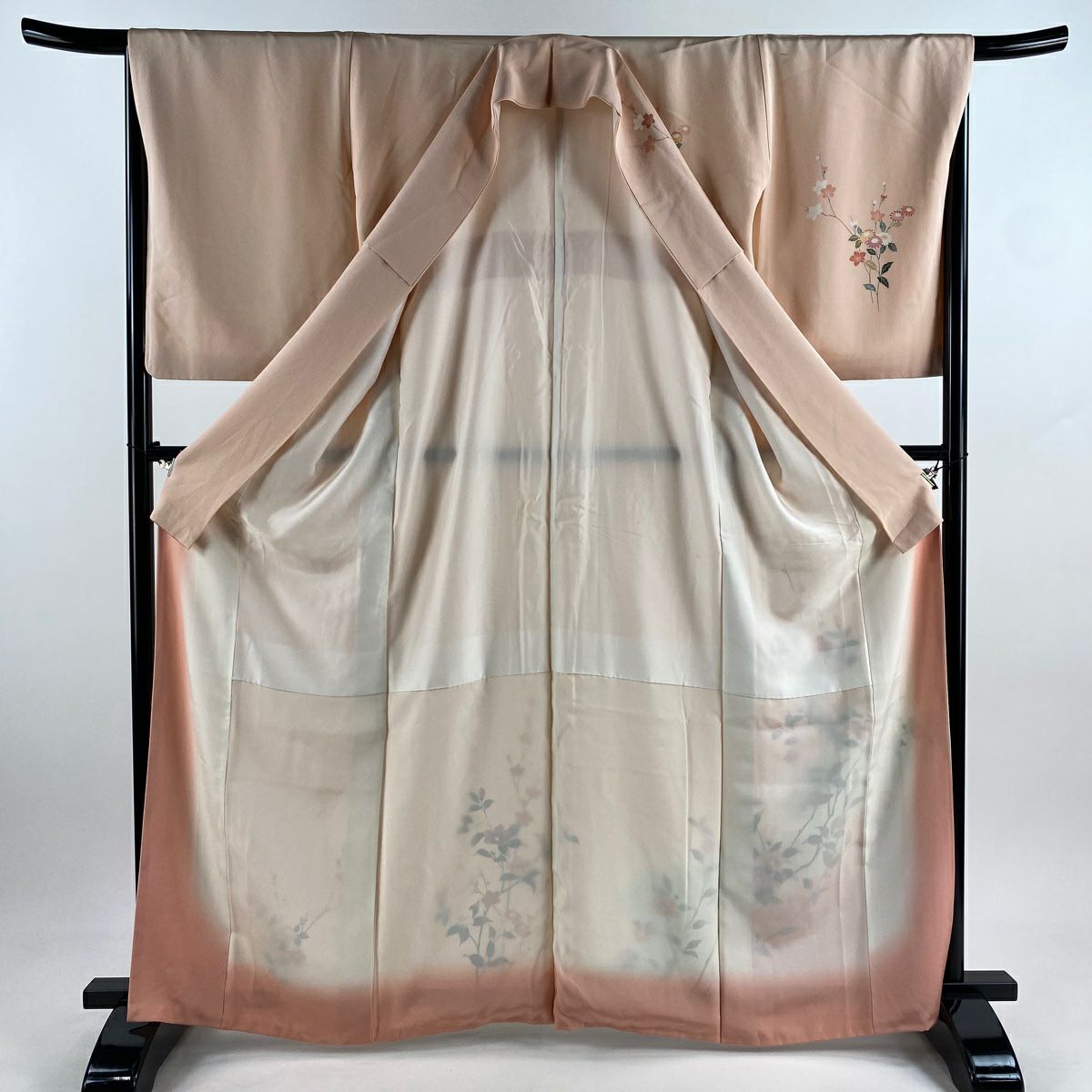 【庫存清倉】訪問服 身長165cm 袖長67cm M 雙層 枝花 漸層 鮭粉色 純蠶絲 優品級