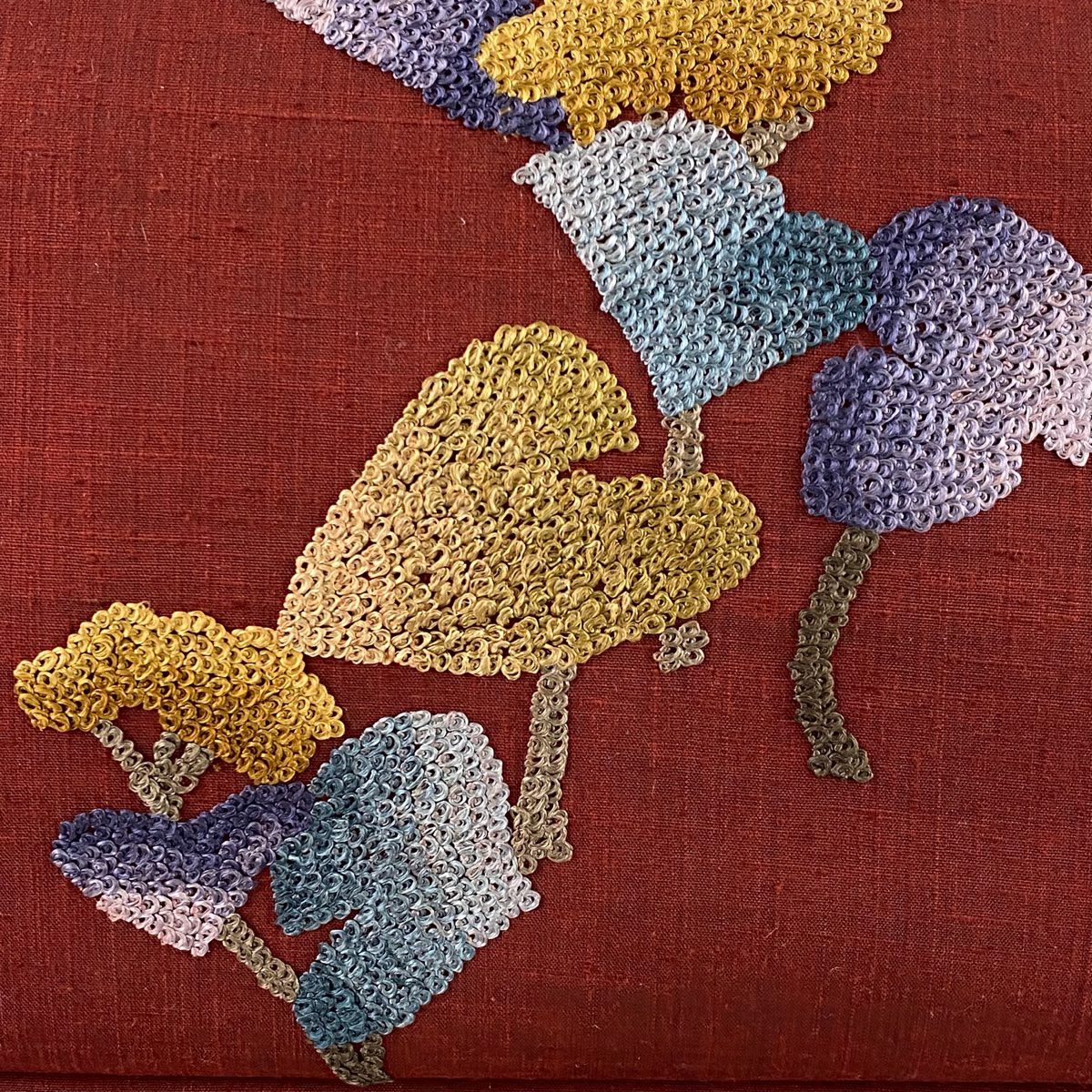 【清倉特賣】名古屋帶 美品 秀品級 紬織織 葉花紋 相良刺繡 金線 深紅 純蠶絲