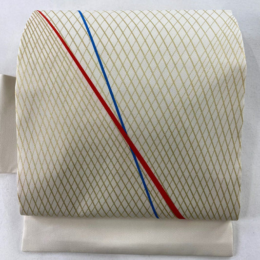 【庫存清倉】名古屋帶 美品 秀品級 斜格子 金彩裝飾 奶油色 純蠶絲