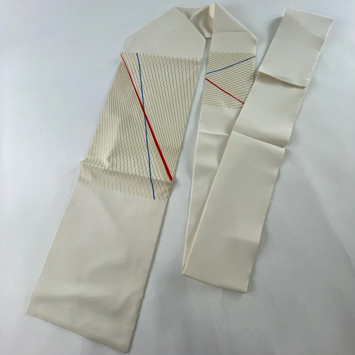 【庫存清倉】名古屋帶 美品 秀品級 斜格子 金彩裝飾 奶油色 純蠶絲