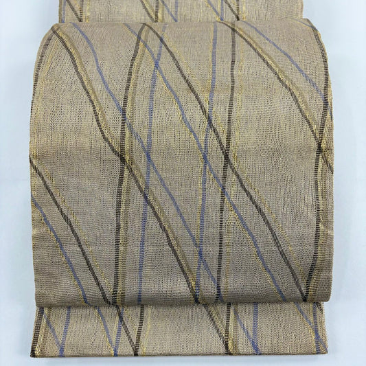 【庫存清倉】 袋帶 名古屋帶 優品級 幾何學 金絲 淺茶 純蠶絲