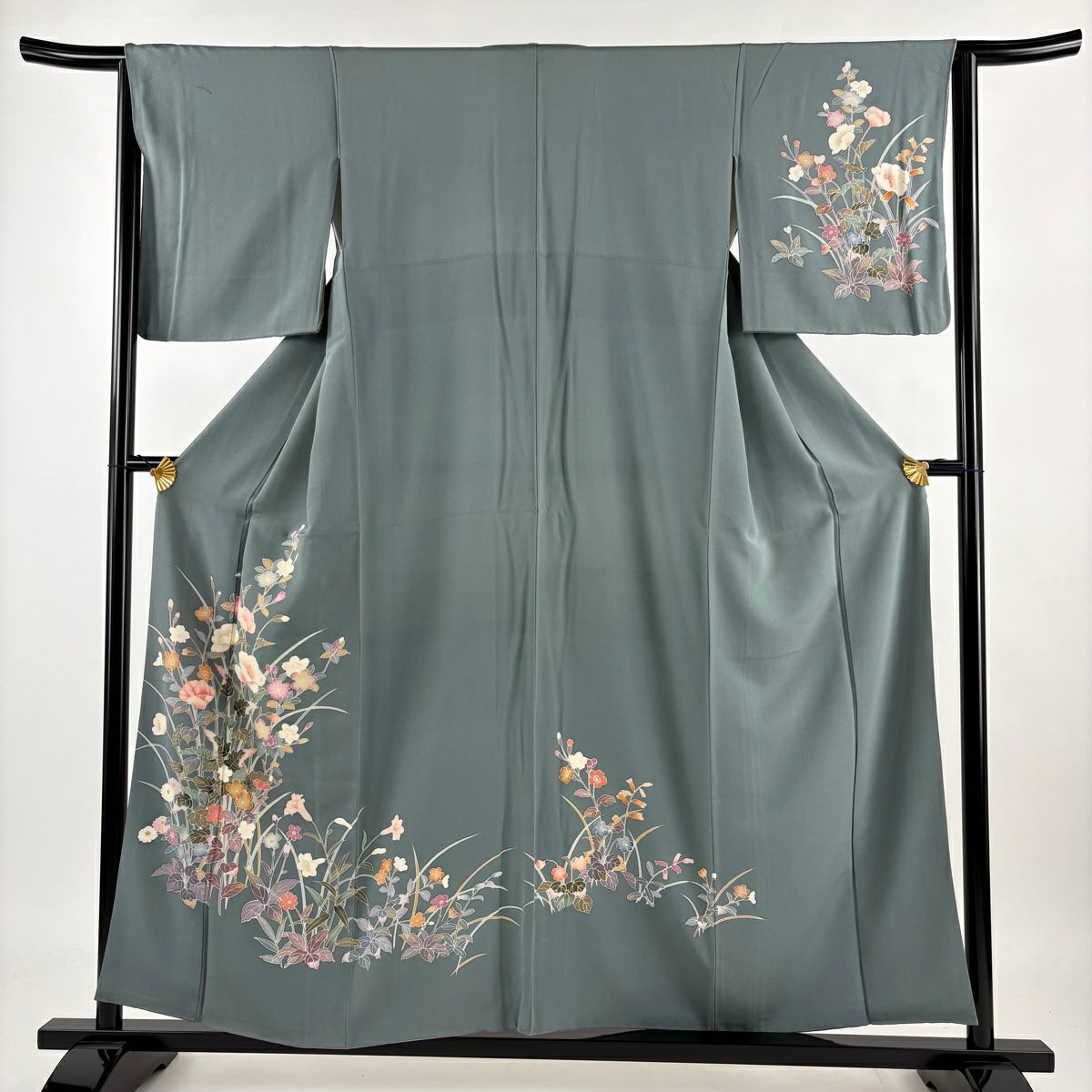 【庫存清倉】 付下 身長156cm 袖長62.5cm S 雙層 草花紋紋 灰綠 純蠶絲 優品級