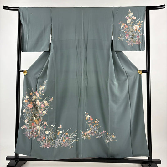 【庫存清倉】 付下 身長156cm 袖長62.5cm S 雙層 草花紋紋 灰綠 純蠶絲 優品級