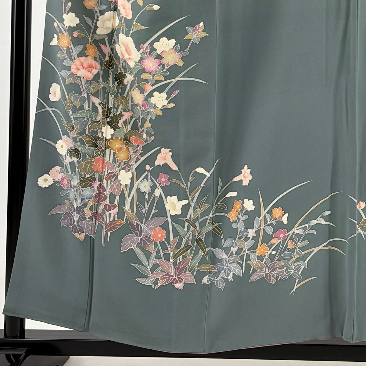 【庫存清倉】 付下 身長156cm 袖長62.5cm S 雙層 草花紋紋 灰綠 純蠶絲 優品級