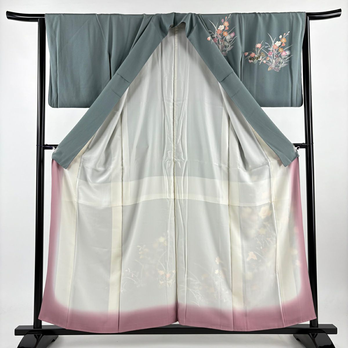 【庫存清倉】 付下 身長156cm 袖長62.5cm S 雙層 草花紋紋 灰綠 純蠶絲 優品級