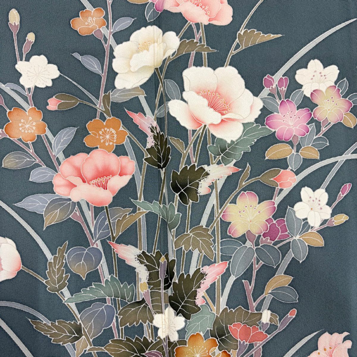 【庫存清倉】 付下 身長156cm 袖長62.5cm S 雙層 草花紋紋 灰綠 純蠶絲 優品級