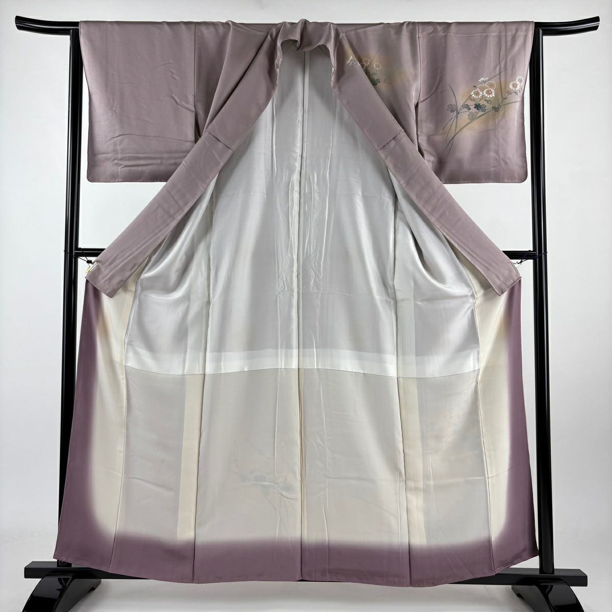【庫存清倉】 付下 身長160cm 袖長64.5cm M 雙層 菊花花 相良刺繡 漸層 紫 純蠶絲 優品級
