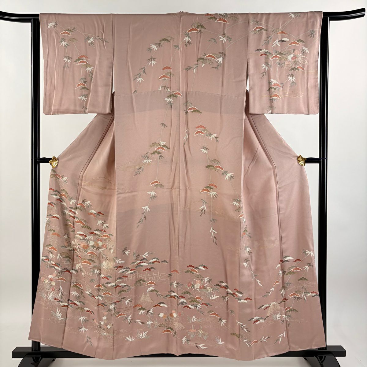 【庫存清倉】訪問服 身長157cm 袖長63cm S 雙層 松樹竹子 秋草 金銀彩 粉米色 純蠶絲 優品級