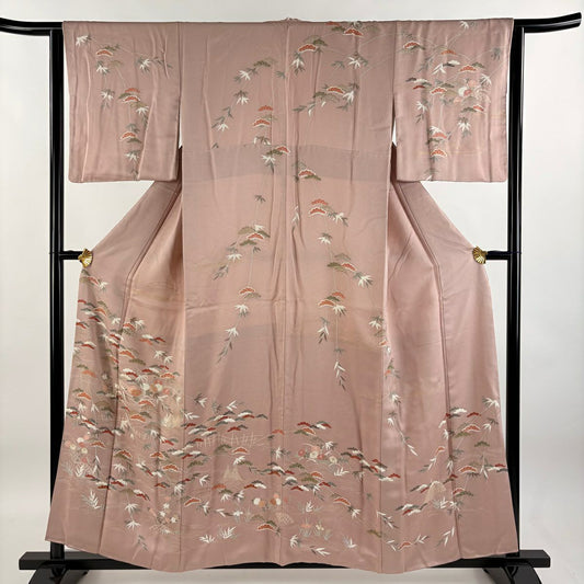 【庫存清倉】訪問服 身長157cm 袖長63cm S 雙層 松樹竹子 秋草 金銀彩 粉米色 純蠶絲 優品級