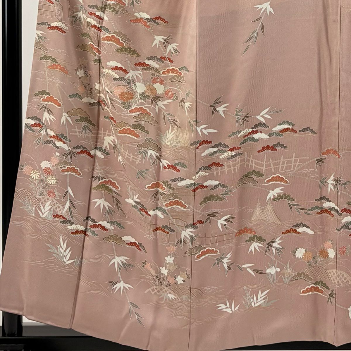 【庫存清倉】訪問服 身長157cm 袖長63cm S 雙層 松樹竹子 秋草 金銀彩 粉米色 純蠶絲 優品級